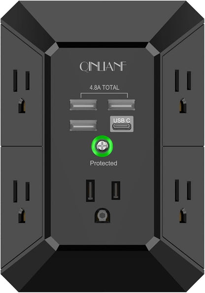 USB Wall Charger, Surge Protector, QINLIANF 5 Outlet Extender with 4 USB Charging Ports (4.8A Total) 3-Sided 1680J Power Strip Multi Plug Outlets Wall Adapter Spaced for Home Travel Office, Black