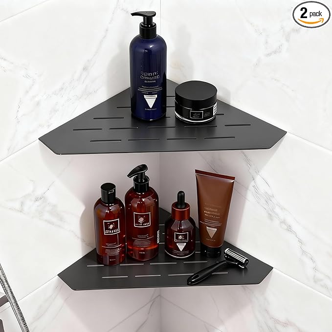 10" Corner Shower Shelf 2 Pcs Matte Black 304 Stainless Steel Diamond Heavy Duty Floating Corner Shelves Slot Design Recessed Bathroom Shower Shelf for 90° Tiled Wall, No Drilling Needed