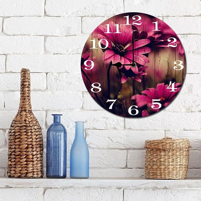 Pink Flowers Wall Clock 10 Inch Silent Non Ticking Battery Operated Wooden Modern Office Simple Minimalist Clock Decorative for Kitchen Home Bathroom Living Room