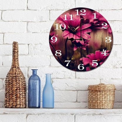 Pink Flowers Wall Clock 10 Inch Silent Non Ticking Battery Operated Wooden Modern Office Simple Minimalist Clock Decorative for Kitchen Home Bathroom Living Room