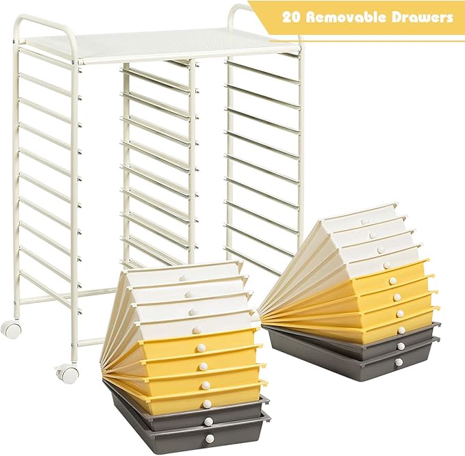 GOFLAME 20-Drawer Rolling Storage Cart, Multifunctional Art Craft Organizer Cart, Mobile Utility Storage Cart with Removable Drawers & Lockable Wheels, Craft Cart for Home Office School, Yellow