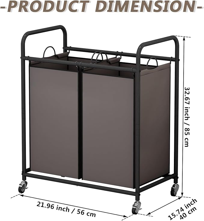 SUOERNUO Laundry Sorter Basket 2 Bag Laundry Hamper Cart with Rolling Lockable Wheels and Removable Bags Laundry Organizer Cart for Clothes Storage, Assorted