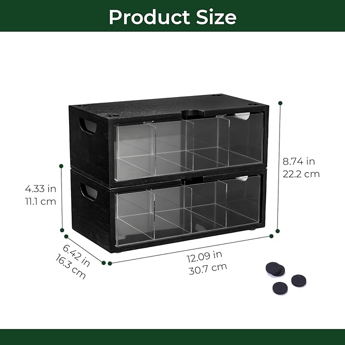 Bamboo Tea Bag Organizer for Cabinet & Countertop - 2-Piece Stackable Tea Box Set, Large Capacity Storage Containers for Tea Bags & Packets - Modular Pantry Organization & Kitchen Tea Station Holder