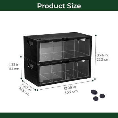 Bamboo Tea Bag Organizer for Cabinet & Countertop - 2-Piece Stackable Tea Box Set, Large Capacity Storage Containers for Tea Bags & Packets - Modular Pantry Organization & Kitchen Tea Station Holder
