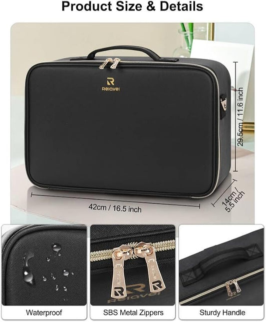 Relavel Large Makeup Case With LED Mirror, 16.2" Cosmetic Vanity Case with 3 Lignting Modes and Adjustable Brigntness, Professional Travel Make Up Organizer for Makeup Artist with Strap, Black