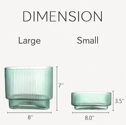 Short Glass Vases, Set of 2 Green Glass Vases for Tulips, Ribbed Vase for Flowers, Modern Small Vase for Living Room, Dining Room, Bathroom, Desk, Shelf, Wedding, Office
