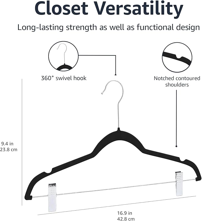 Amazon Basics Velvet, Non-Slip Skirt Clothes Hangers with Clips, Organize Pants and Skirts, Black/Silver, Pack of 24