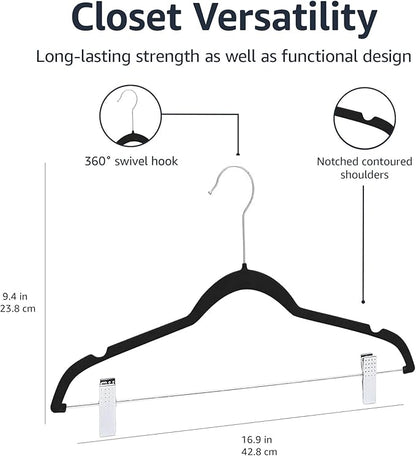 Amazon Basics Velvet, Non-Slip Skirt Clothes Hangers with Clips, Organize Pants and Skirts, Black/Silver, Pack of 24