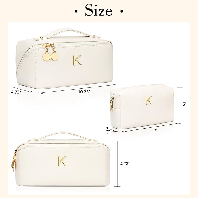 Valentines Day Gifts for Women Teen Girl, Personalized Initial Makeup Organizer Bag Set, Open Flat Travel Cosmetic Bag With Clear Divider and Handle(Large-Beige,K)