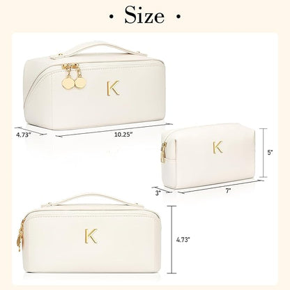 Valentines Day Gifts for Women Teen Girl, Personalized Initial Makeup Organizer Bag Set, Open Flat Travel Cosmetic Bag With Clear Divider and Handle(Large-Beige,K)