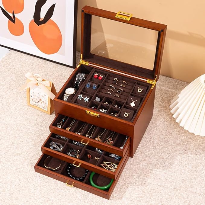 4-Layer Black Walnut Wooden Jewelry Box with Glass Lid, Soild Wood,Jewelry Organizer for Versatile Necklace, Watch, Ring Earring Storage for Women Christmas Gift