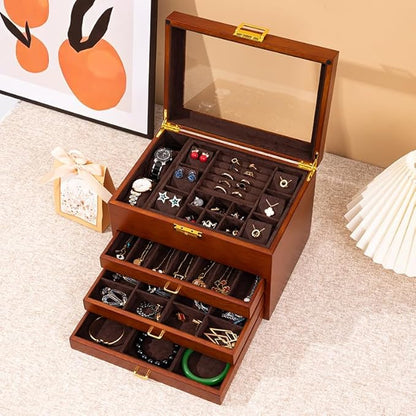 4-Layer Black Walnut Wooden Jewelry Box with Glass Lid, Soild Wood,Jewelry Organizer for Versatile Necklace, Watch, Ring Earring Storage for Women Christmas Gift