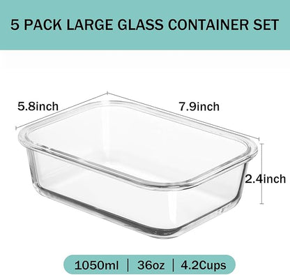 5 Pack 35oz Large Glass Food Storage Containers with Lids, Meal Prep Containers, Airtight Reusable Lunch Container Set, Safe for Oven, Microwave, Freezer, and Dishwasher