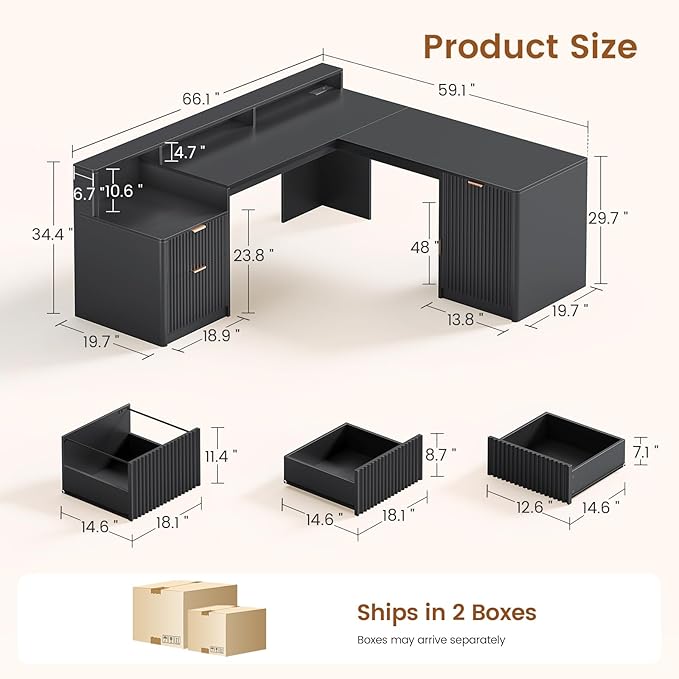 SEDETA 66" Modern L Shaped Desk with Drawers, Fluted Home Office Desk with File Cabinet and Printer Shelf, Wood Executive Desk with Monitor Stand, Led Lights, Power Outlets, Black