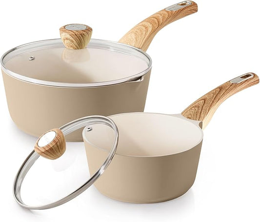 SENSARTE 2.0 & 3.0 Quart Ceramic Sauce Pan Sets with Lid, Cooking Pots Set, Nonstick Saucepan Set with Pour Spout, Small Kitchen Pot, Non toxic Saucepot, Induction Comptable, PFOA PTFE PFAS PFOA Free