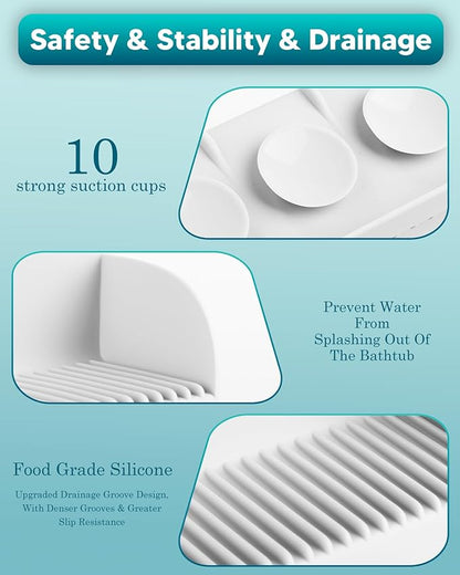 24 Inch Bathtub Splash Guard, Silicone Bath Tub Tray with 10 Strong Suction Cups, Bathtub Shelf Toy Holder, Prevent Water Spills in Bathroom, Easy Clean & Fold, White
