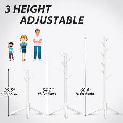 Unisakey Durable Wooden Coat Rack, Freestanding Coat Rack with Stable Triangular Base, 8 Hooks & 3 Adjustable Heights, Simple Assembly for Bedroom, Hallway, Office(New White)