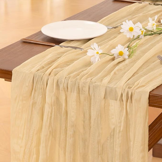 Socomi Gold Champagne Cheesecloth Table Runner Valentine's Day Boho Rustic Gauze 120 inch 10FT Cheese Cloth Runner for Wedding Party Baby Shower Birthday Home Decor Holiday Decorations