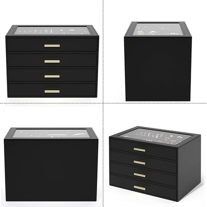 AKOZLIN Jewelry Box with Clear Lid Functional Leather Jewelry Storage Organizer Case 4 Drawers for Women Girls Necklace Ring Bracelet Earring