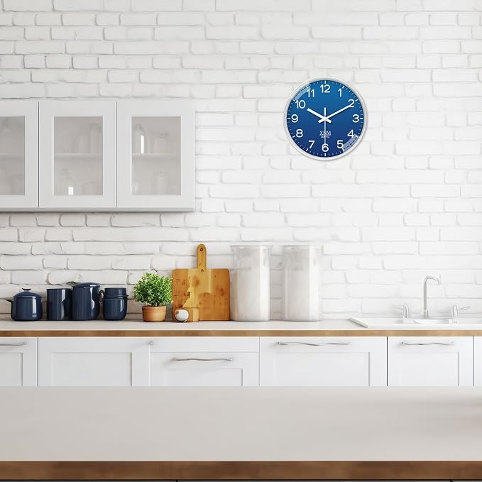 XNM Modern Analog Wall Clocks Battery Operated Navy Blue Wall Clock for Living Room Bedroom Home Office 14 Inch Round Minimalist Wall Clock Silent