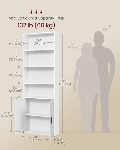 VASAGLE Custos Collection - Bookshelf, 6-Tier Tall Bookcase, Book Shelf with Doors, Open Storage Shelf, 9.4 x 23.6 x 68.9 Inches, for Living Room, Home Office, Dining Room, Cloud White ULBC402W01