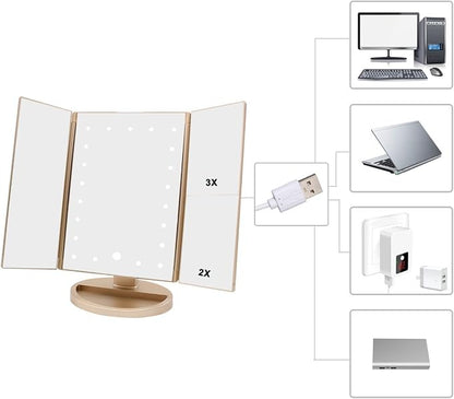 deweisn Floor Mount Tri-Fold Lighted Vanity Mirror with 21 LED Lights, Touch Screen and 3X/2X/1X Magnification, Two Power Supply Modes Make Up Mirror,Travel Mirror