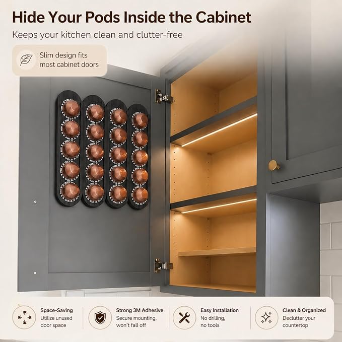 Bamboo Coffee Pod Holder, Adhesive Wall Mount (No Drilling) for Inside Cabinet Door, 20-Capsule Storage (Set of 4), Vertical & Horizontal, Compatible with Nespresso Vertuo Line-Black