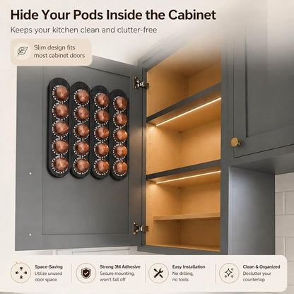 Bamboo Coffee Pod Holder, Adhesive Wall Mount (No Drilling) for Inside Cabinet Door, 20-Capsule Storage (Set of 4), Vertical & Horizontal, Compatible with Nespresso Vertuo Line-Black