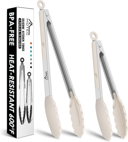 HOTEC Premium Stainless Steel Locking Kitchen Tongs with Silicon Tips, Set of 2-9" and 12",Khaki