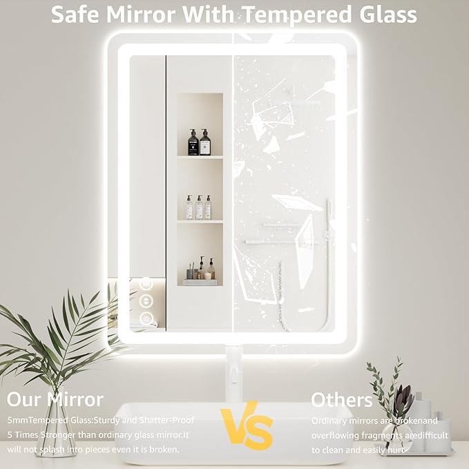 Led Bathroom Mirror with Lights, Anti-Fog & Tri-Color Lighting - Wall Mounted Shaving Mirror with Touch Sensor, Waterproof Smart LED Vanity Mirror Tempered Glass Dimmable 60" x 40"
