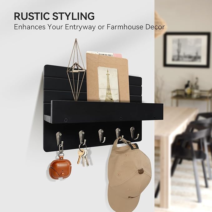 Key Holder Wall Mount, Rustic Key Hooks for Wall with Shelf for Mail Organizer, Entryway Decorative Key Rack with 5 Sturdy Hooks for Hanging Keys, Dog Leash, Sunglasses Wooden Key Hanger