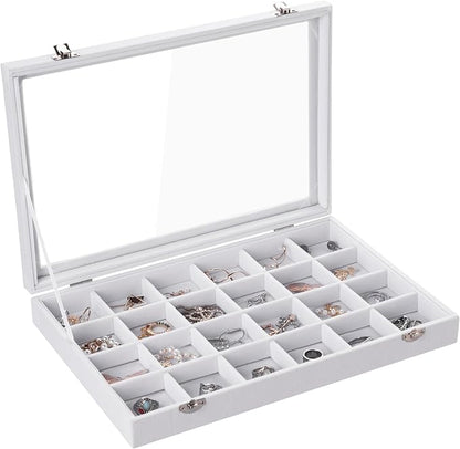 Frebeauty Velvet Jewelry Tray,24 Grid Jewelry Organizer with Clear Lid,Earring Holder Organizer with Clasp,Drawer Insert Rings Pendants Brooches,13.8 x 9.5 x 2 Inches,Gift for Women Girls(White)