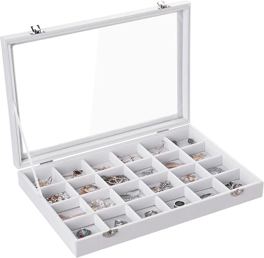 Frebeauty Velvet Jewelry Tray,24 Grid Jewelry Organizer with Clear Lid,Earring Holder Organizer with Clasp,Drawer Insert Rings Pendants Brooches,13.8 x 9.5 x 2 Inches,Gift for Women Girls(White)