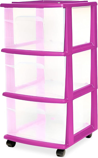 HOMZ 3-Drawer Storage Cart, Plastic Home and Office Organizer, Purple Frame