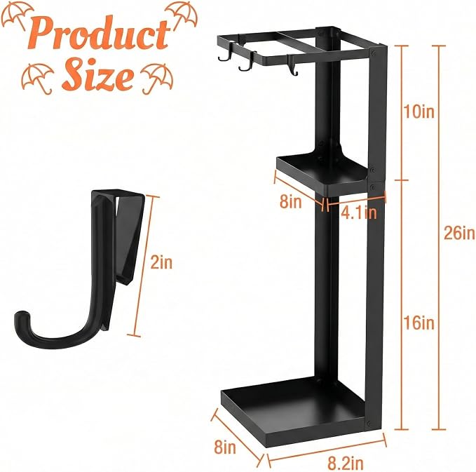 Umbrella Stand, Metal Umbrella Stand Indoor, 26 Inch Umbrella Holder for Entryway, Shelf for use with Small Umbrellas and Bottom Drip Tray for use with