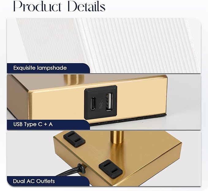 Soilsiu Set of 2 Bedside Table Lamp 3 Way Dimmable Nightstand Lamp with USB C & USB A Charging Port, 2 AC Outlets, 3000K LED Bulbs (Pleate)