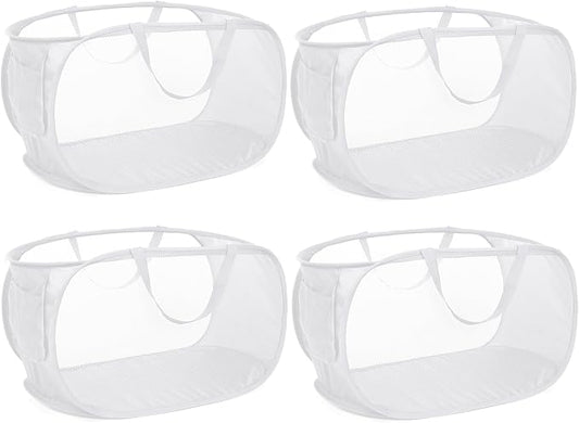 4 Pack Collapsible Laundry Baskets, Foldable Laundry Basket with Pocket, Durable Pop Up Hampers, Reinforced Handles Dirty Clothes Hamper for Laundry, Bedroom, Bathroom, Dorm, Travel or Camping White