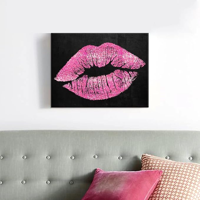 7CANVAS Black and Pink Lips Canvas Wall Art Fashion and Glam Poster Sexy Red Lip Picture Gallery Wrap for Bathroom Bedroom Makeup Room Wall Decor 16x12Inch