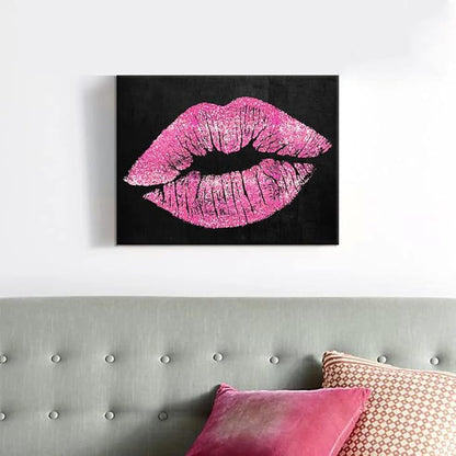 7CANVAS Black and Pink Lips Canvas Wall Art Fashion and Glam Poster Sexy Red Lip Picture Gallery Wrap for Bathroom Bedroom Makeup Room Wall Decor 16x12Inch