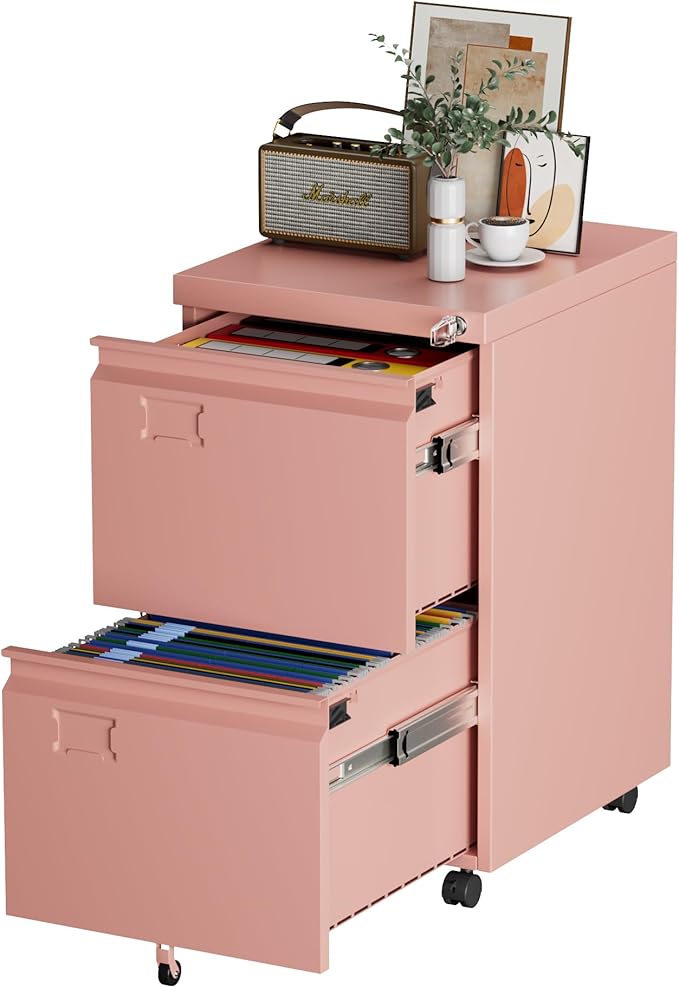 METAN Metal 2 Drawer File Cabinet with Lock, Mobile File Cabinet Under Desk for Letter/Legal Size,Assembly Required,Pink