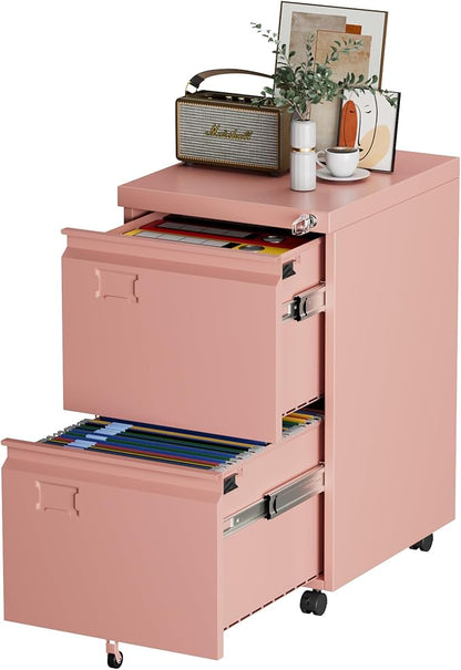 METAN Metal 2 Drawer File Cabinet with Lock, Mobile File Cabinet Under Desk for Letter/Legal Size,Assembly Required,Pink
