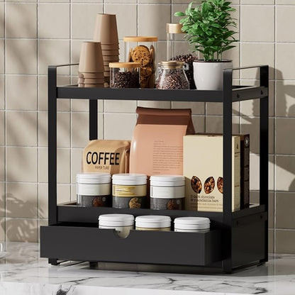 2-Tier Bathroom Organizer Countertop with Drawer, Wood Bathroom Counter Shelf for Storage, Vanity Organizer Countertop for Kitchen, Office