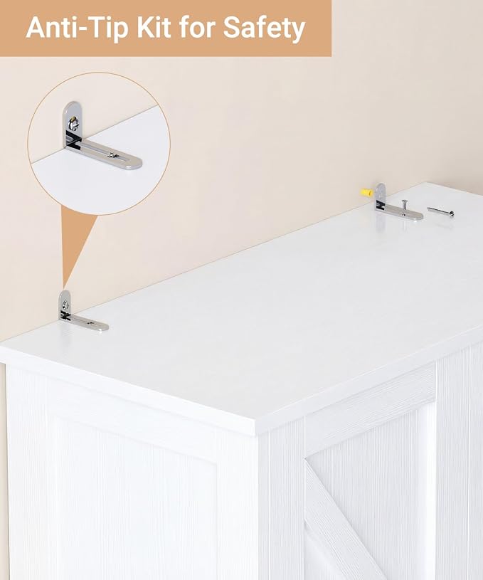 Akxomel Tall Bathroom Storage Cabinet, 11 x 22.8 x 63 Inches, Floor Cabinet with Barn Doors, Adjustable Shelf, Linen Pantry Cabinet for for Kitchen, Laundry Room, Living Room, Entryway, White