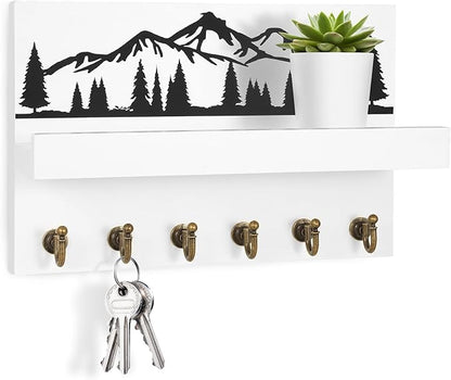 Decorative Key Holder for Wall, Cute Key Holder Wall Mount with 6 Hooks, Wood Key Hooks for Bags, Umbrella, Mail, Wallet and Dog Leash, Key Holder for Entryway Living Room Home Decor