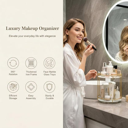 360° Rotating Makeup Organizer Countertop, 2-Tier Golden Vanity Organizer with Glass Shelves, Spinning Cosmetic Display Case for Bathroom & Bedroom, Tall Storage for Large Bottles