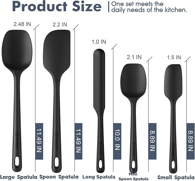 ChefAide 5 Pieces Silicone Spatula Set, Food Grade Rubber Spatula, Upgrade Strong Handle with Ergonomic Grip, Heat Resistant Up to 600°F for Nonstick Cookware, Cooking