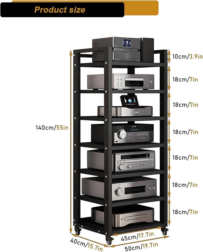 7 Tier AV Media Stand, 55in Audio Rack Tower Stereo Components Cabinet, Home Theatre CD Record Player Stereo Receiver Equipment Rack with Adjustable Wood Shelves, Load 400lbs (Black)