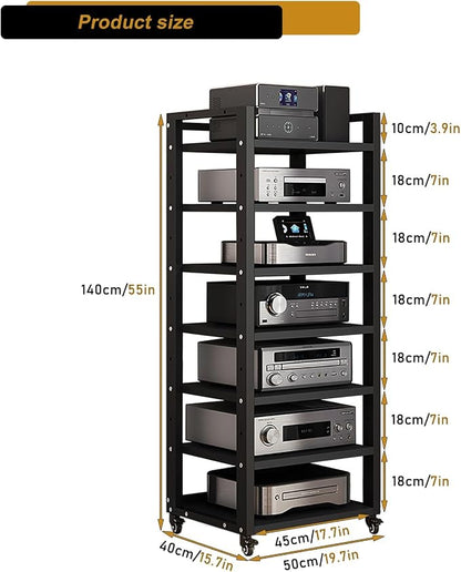 7 Tier AV Media Stand, 55in Audio Rack Tower Stereo Components Cabinet, Home Theatre CD Record Player Stereo Receiver Equipment Rack with Adjustable Wood Shelves, Load 400lbs (Black)