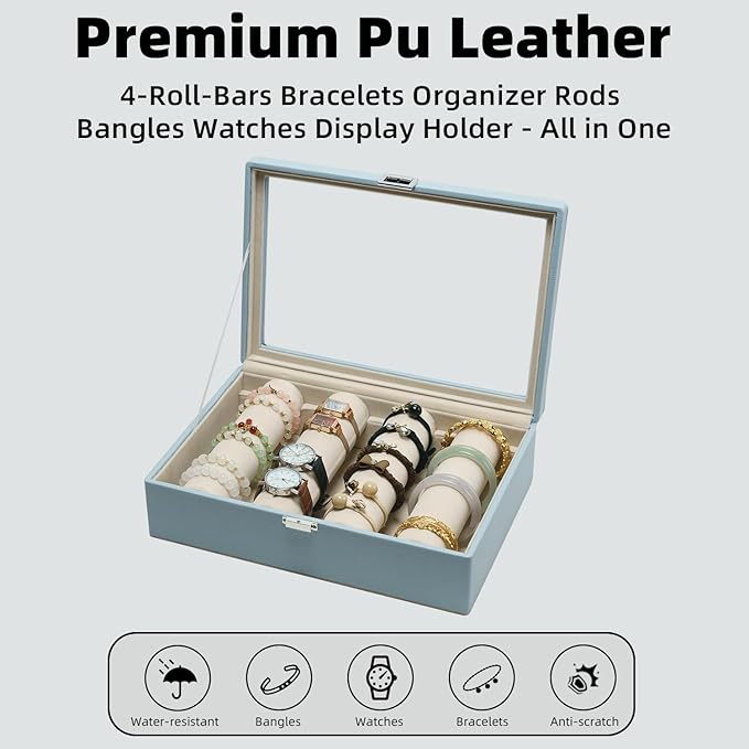 Bracelets Organizer Rods Bangles Display Holder, Clear See through Lid Leather Velvet Jewelry Storage Box Case for Women, 4 Rods Blue Leather