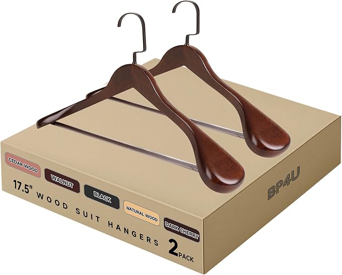 17.5" Wooden Suit Hangers with Non Slip Pants Bar, 2-Pack Wood Extra-Wide Shoulder Hangers with Flat-Head Hook for Suits, Coats, Jackets, Shirts, Pants, Heavy Clothes (Walnut)